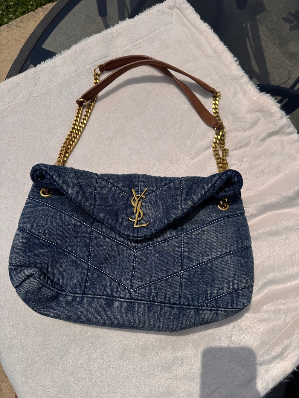 Saint Laurent Denim Chevron Shoulder Bag with Gold Hardware - Picture 9 of 13